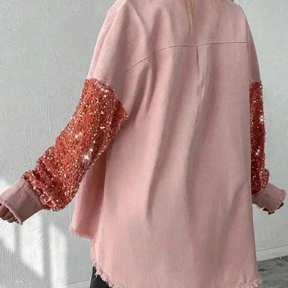 Baby Pink Party Women's Turn-Down Collar Contrast Sequin Raw Hem Button Shacket - Picture 2 of 5